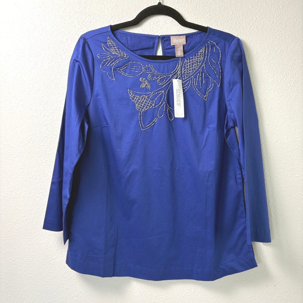 Chicos Popover Top Womens 0 S Blue Beaded Floral Long Sleeve Cotton Blouse NWT
